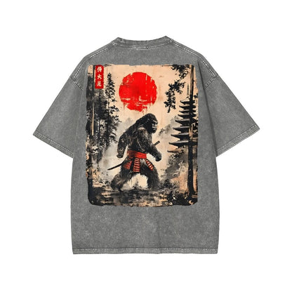 Funny Samurai Ukiyo-e Vintage Graphic Washed T-shirt