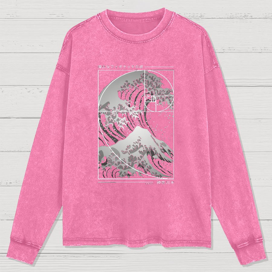 The Great Wave Of Fibonacci Spiral Geek Washed Long Sleeve Tee
