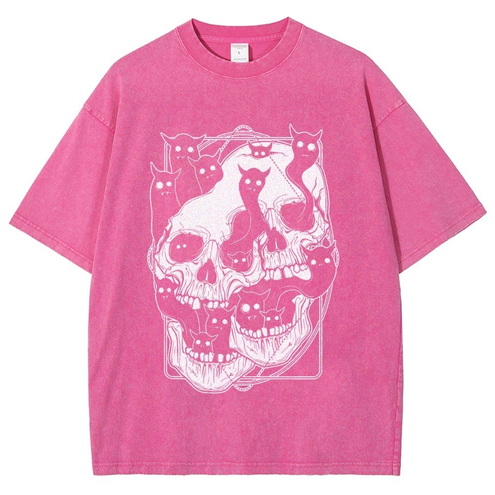 Cat Ghost Double Skull Vintage Distressed T-shirt