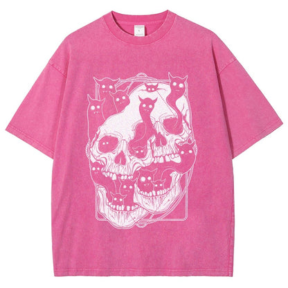 Cat Ghost Double Skull Vintage Distressed T-shirt