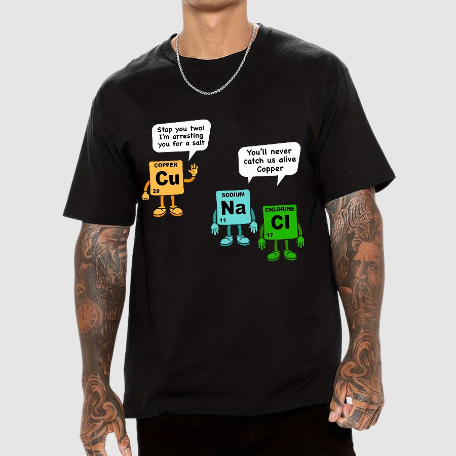 Funny Salt and Copper Periodic Table Police Pun Geeky T-Shirt