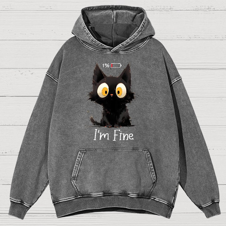 I'm Fine Black Cat Vintage Distressed Hoodie