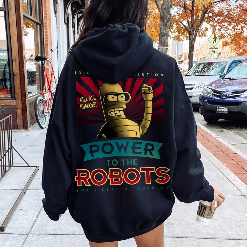 Power To The Robots Printed Back Cotton Hoodie
