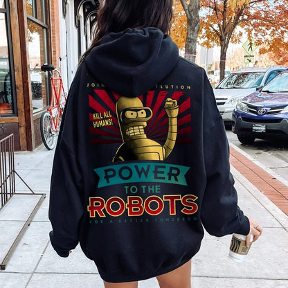Power To The Robots Printed Back Cotton Hoodie