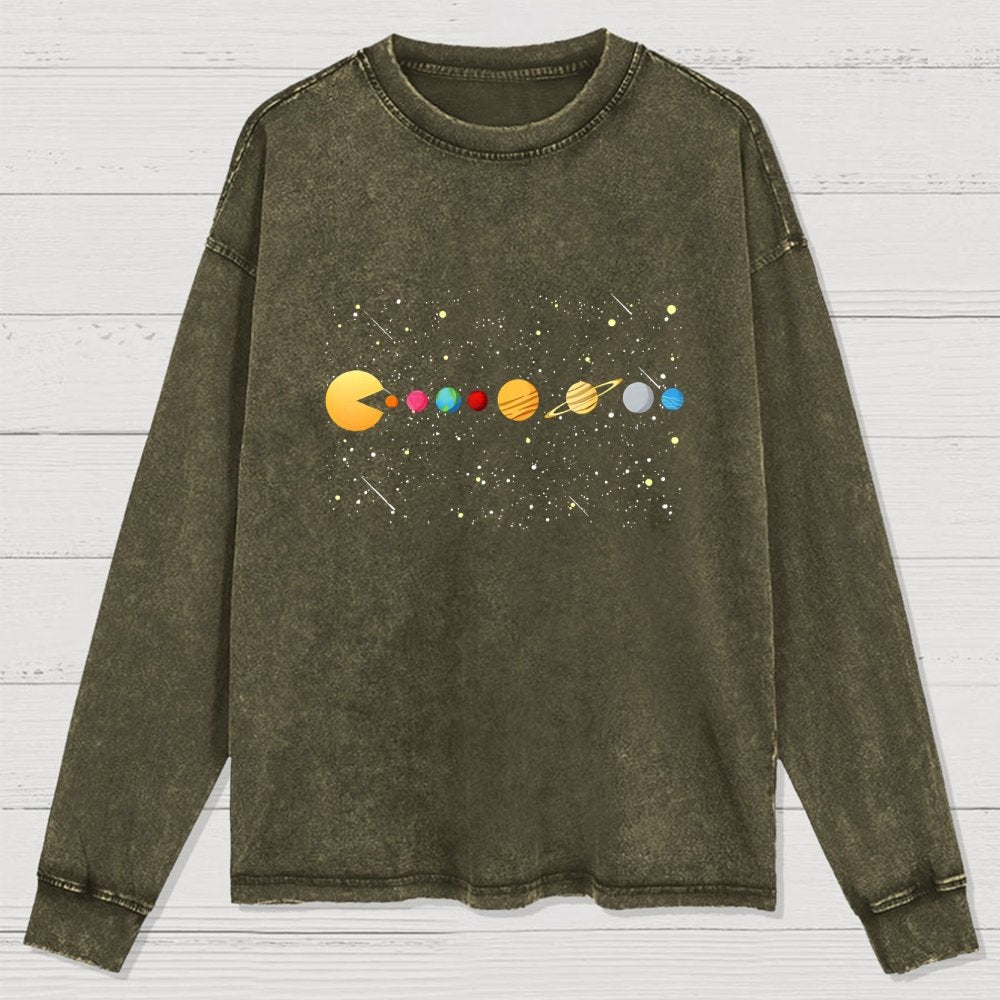 Funny Solar System - Astronauts Space Video Games Washed Long Sleeve Tee