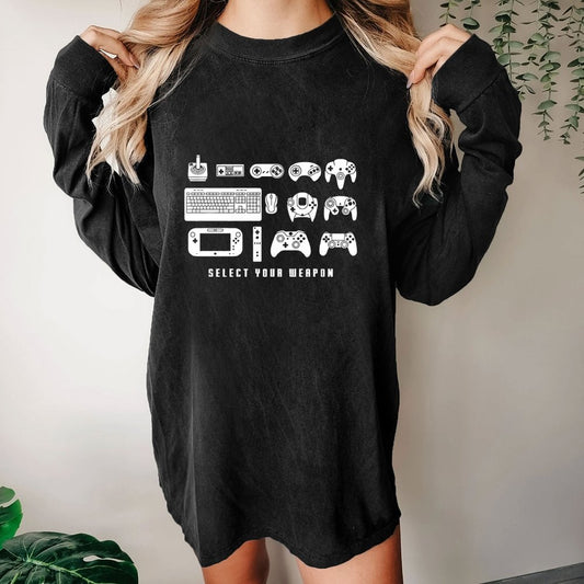 Select Your Weapon Game Controllers Washed Long Sleeve Tee