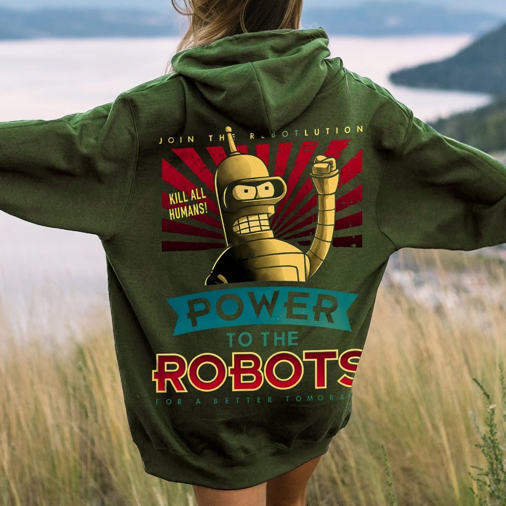 Power To The Robots Printed Back Cotton Hoodie