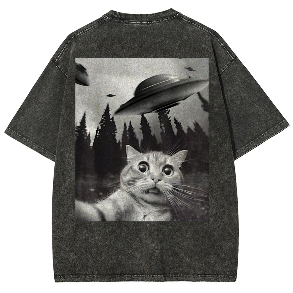 Ufo Cat Back Washed T-Shirt