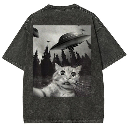 Ufo Cat Back Washed T-Shirt