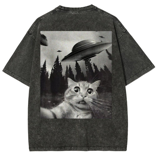 Ufo Cat Back Washed T-Shirt