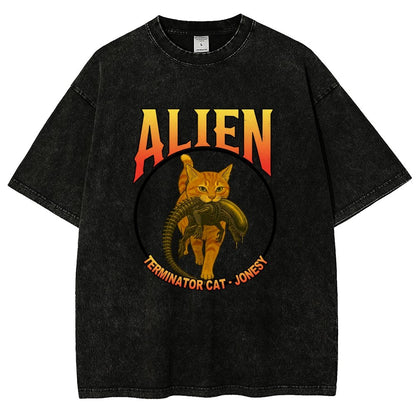 Black Cat Eating Alien Vintage Distressed T-shirt