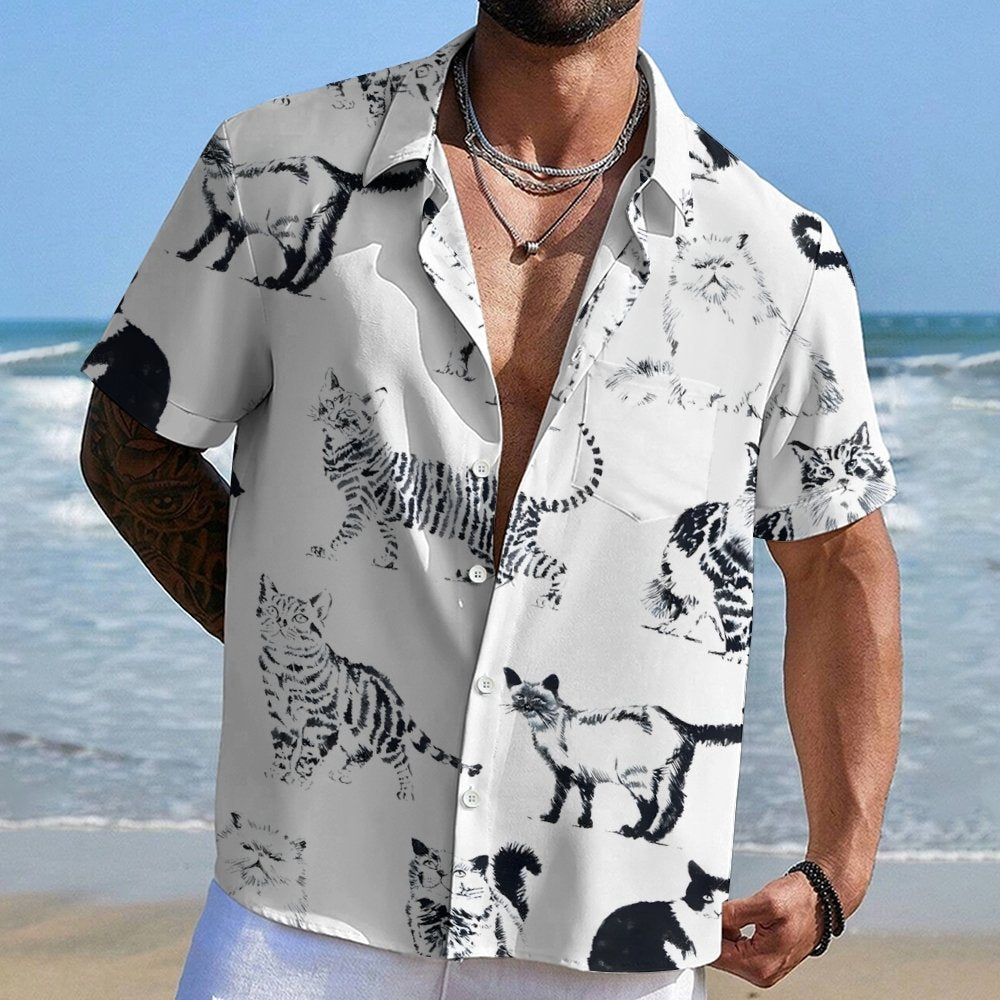 Cat In Black And White Geek Hawaiian Shirt