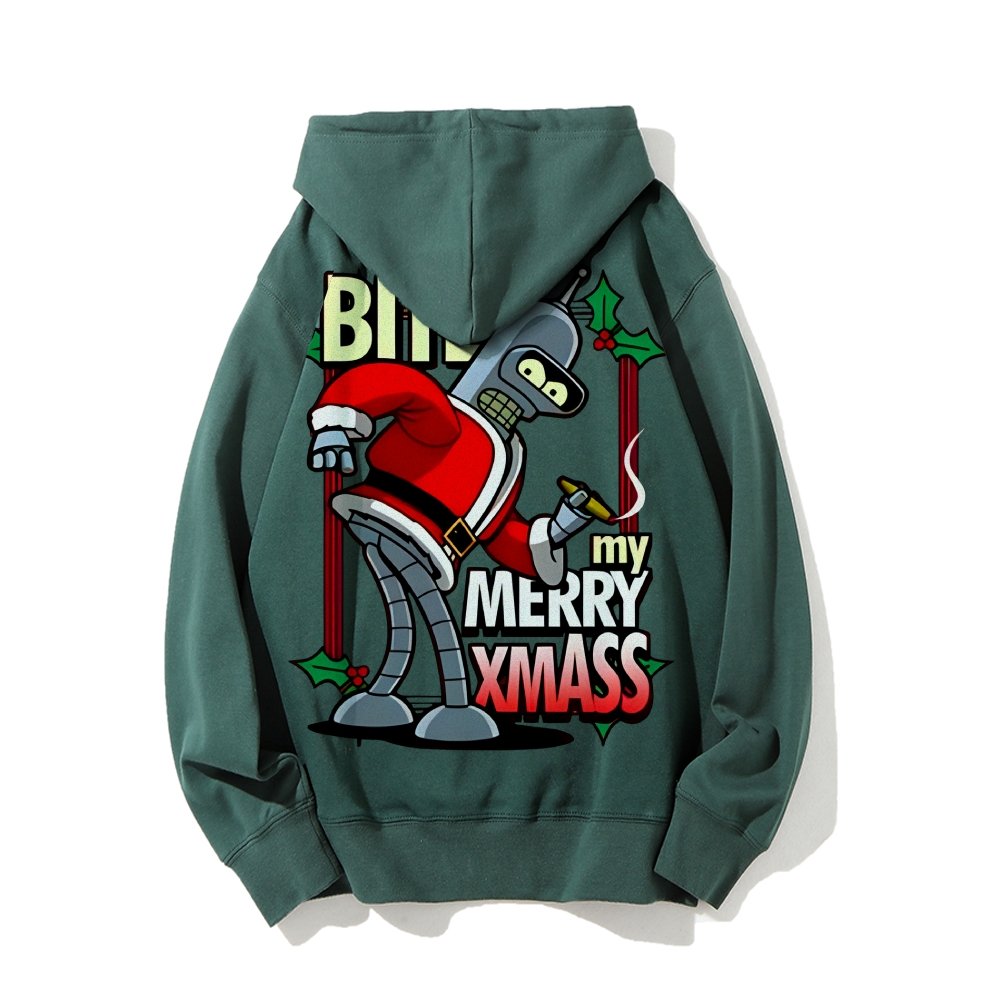 Happy Christmas From Robot Printed Back Cotton Hoodie