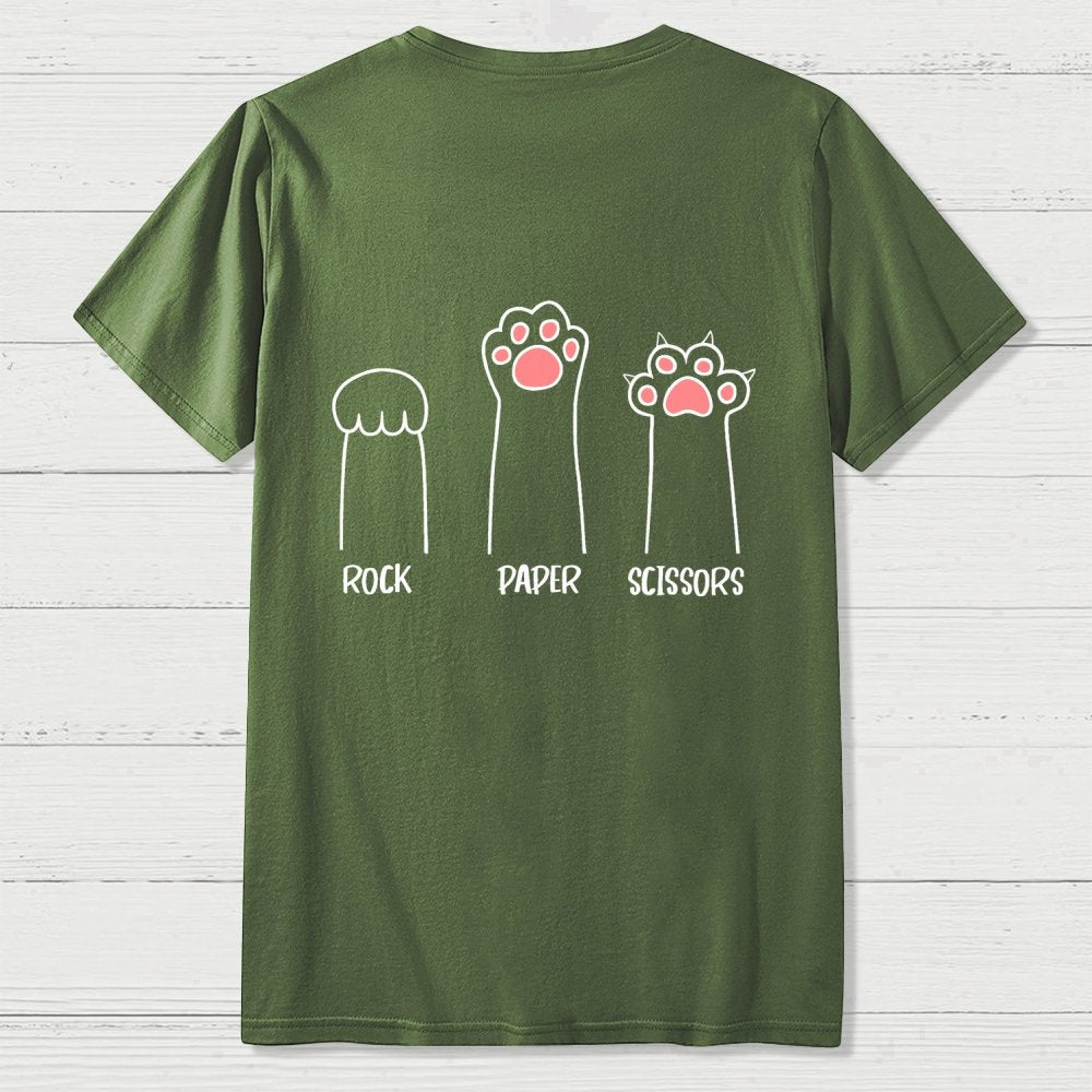 Rock Paper Scissors Hand Game Cute Paw Funny Cat Front And Back Printing Geek T-Shirt
