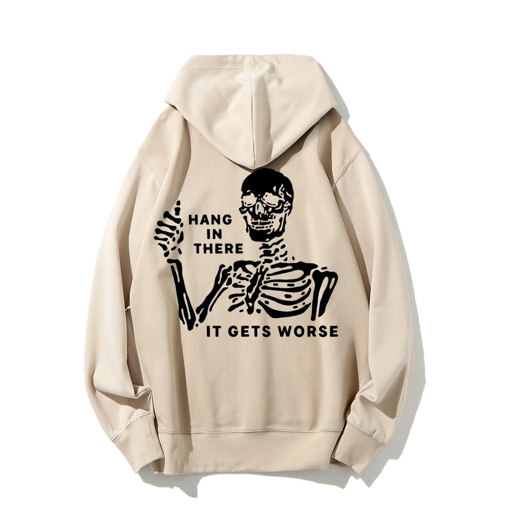 Hang In There Skeleton Printed Back Unisex Cotton Hoodie