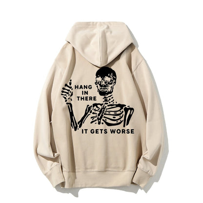 Hang In There Skeleton Printed Back Unisex Cotton Hoodie