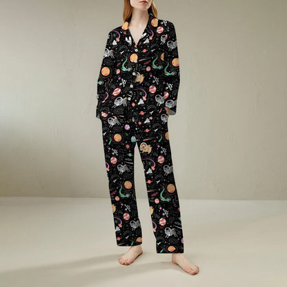 Space Cat Art Print Geek Long Sleeve Pajama Set