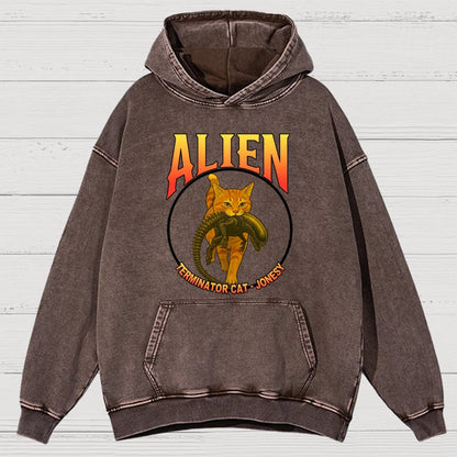 Black Cat Eating Alien Vintage Distressed Hoodie