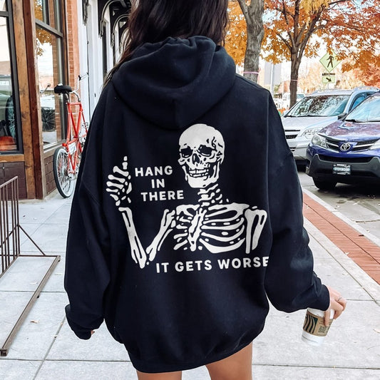 Hang In There Skeleton Printed Back Unisex Cotton Hoodie