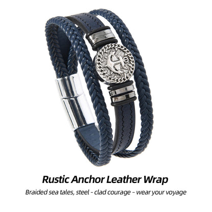 Vintage Anchor Leather Bracelet | Stacked braids, anchor rebellion – ride the wave