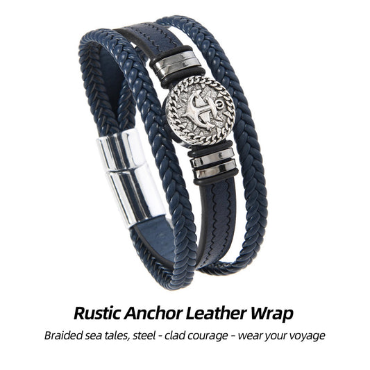 Vintage Anchor Leather Bracelet | Stacked braids, anchor rebellion – ride the wave