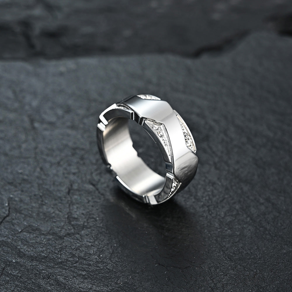 Stainless Steel Geometric Crystal-Inlaid Ring