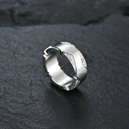 Stainless Steel Geometric Crystal-Inlaid Ring