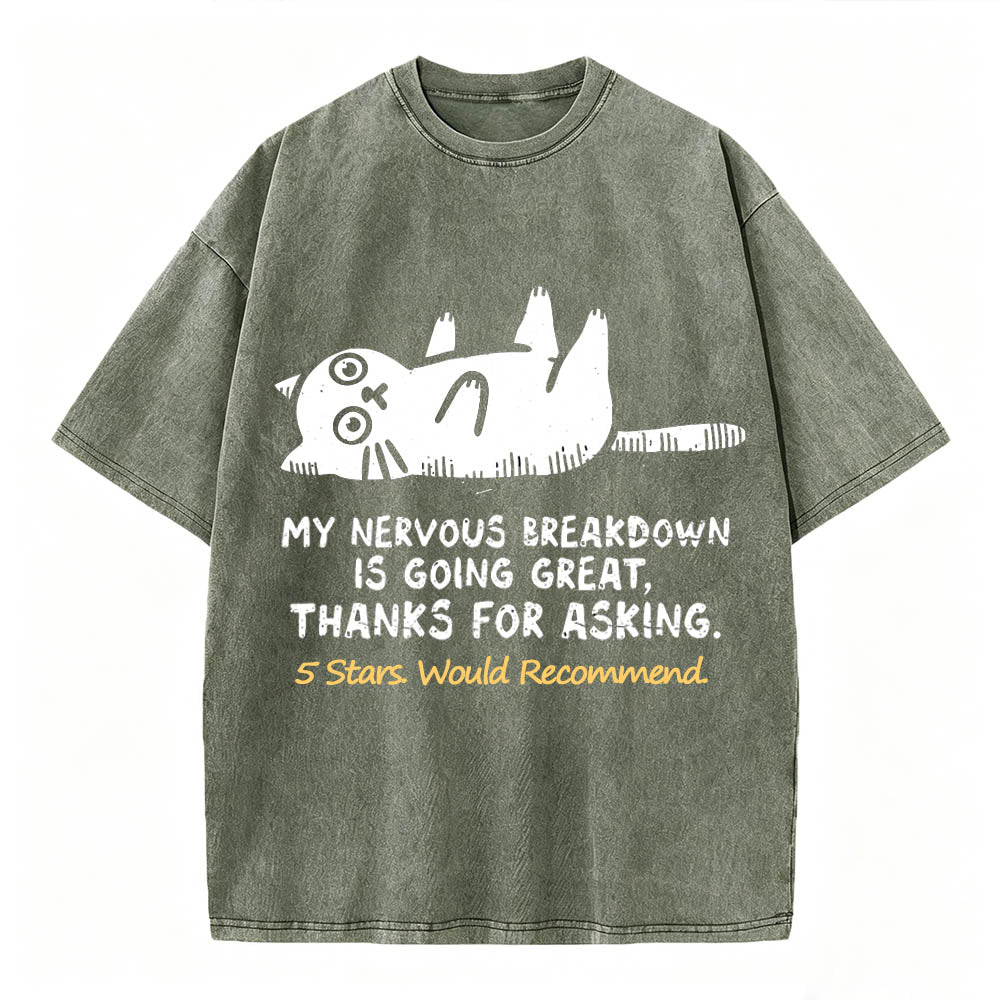 My Nervous Breakdown Is Going Great Thanks For Asking Funny Cat Vintage Washed Graphic Tee