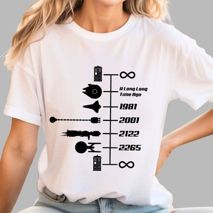 Sci-Fi Timeline Graphic Classic Movie Spaceships Nostalgic Space Travel Geek T-Shirt