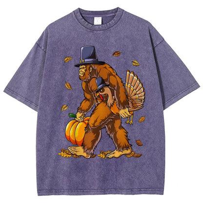 Turkey Pumpkin Thanksgiving Sasquatch Vintage Distressed T-shirt