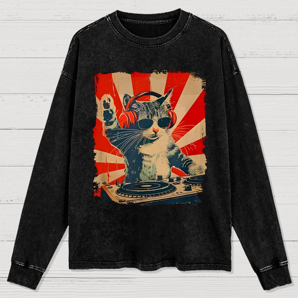 Rock Music Cat Washed Long Sleeve Tee