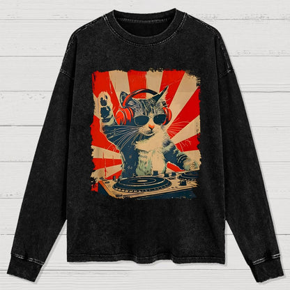 Rock Music Cat Washed Long Sleeve Tee