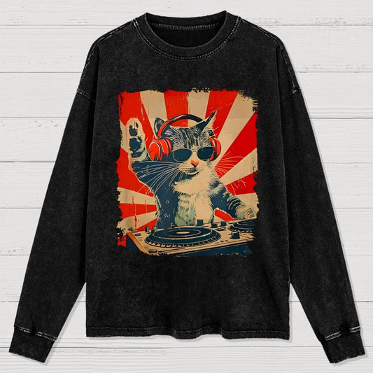 Rock Music Cat Washed Long Sleeve Tee