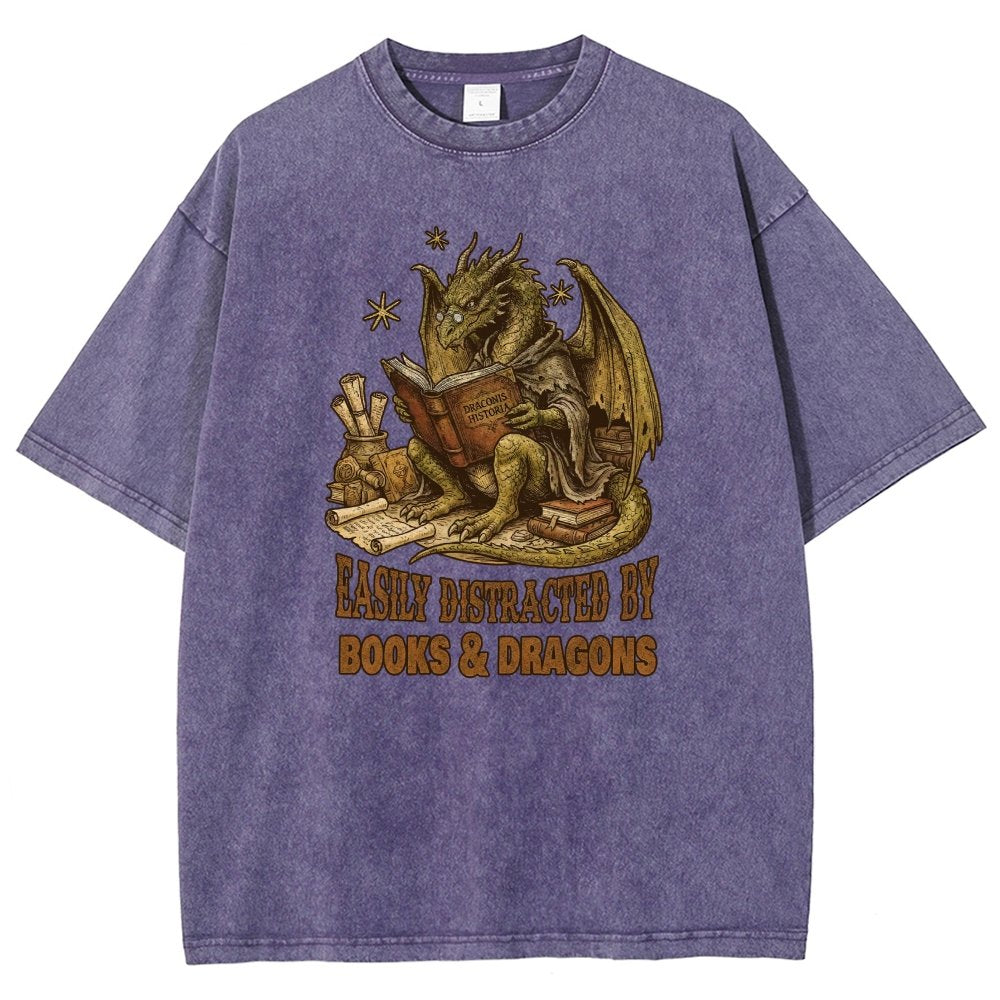 Easily Distracted by Books and Dragons Vintage Distressed T-shirt