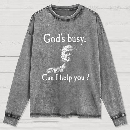God's Busy Can I Help You? Washed Long Sleeve Tee