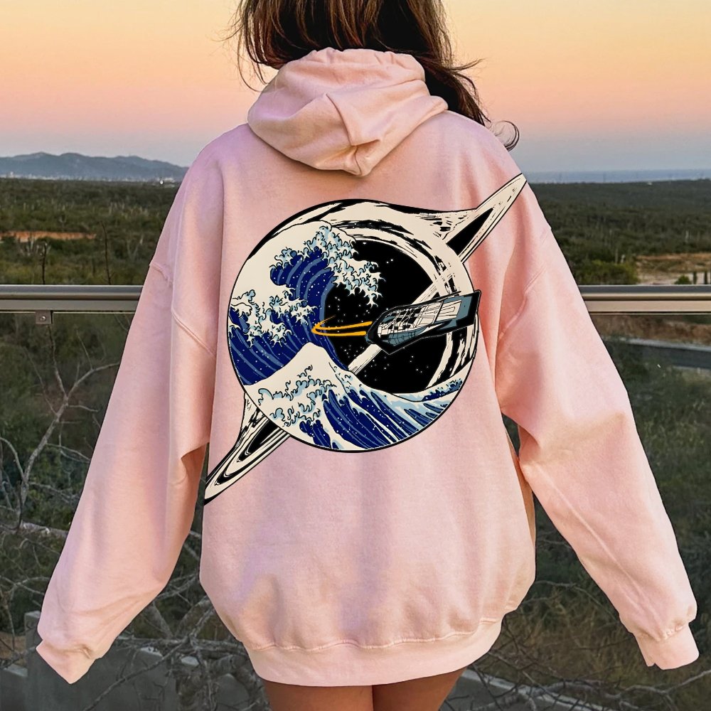 Interstellar Kanagawa Wave Printed Back Cotton Hoodie