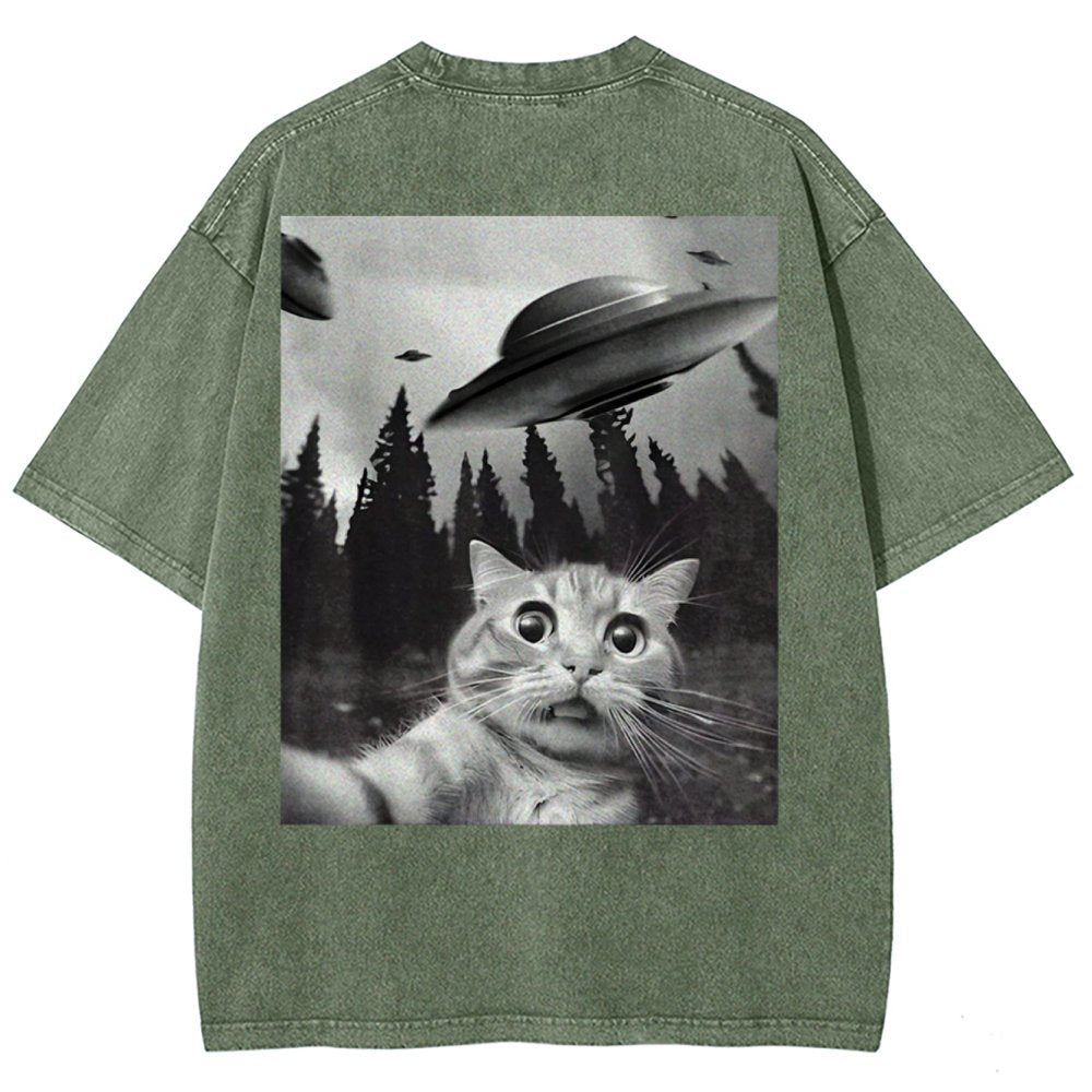 Ufo Cat Back Washed T-Shirt