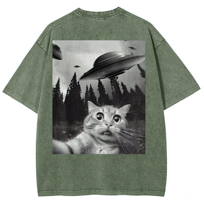 Ufo Cat Back Washed T-Shirt
