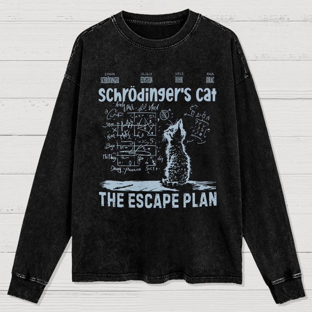 Schrodinger's Cat Escape Plan Interesting Physics Science Washed Long Sleeve Tee