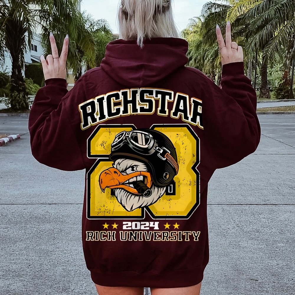 Vintage Rich Star Graphic Print Printed Back Cotton Hoodie
