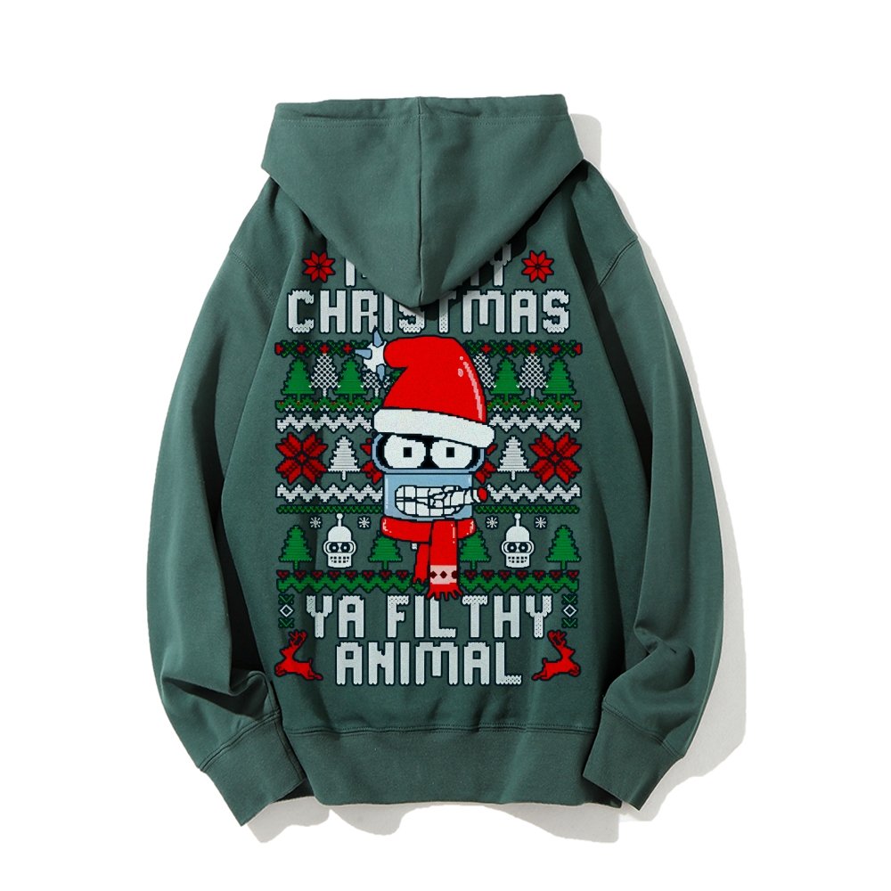Merry Christmas Ya Filthy Animal Printed Back Cotton Hoodie