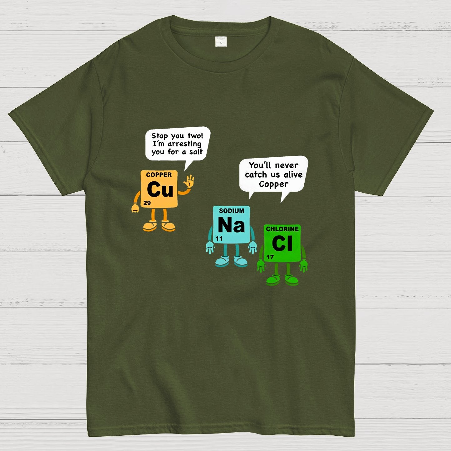 Funny Salt and Copper Periodic Table Police Pun Geeky T-Shirt