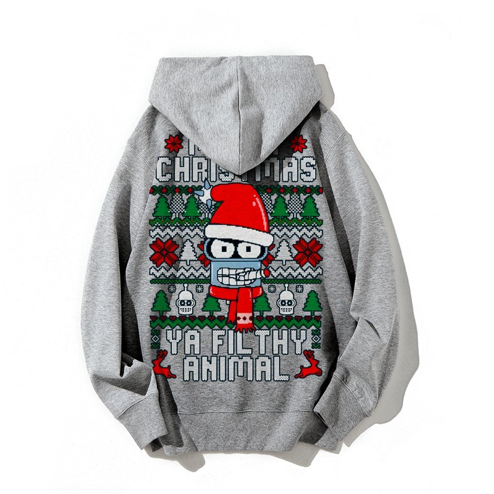Merry Christmas Ya Filthy Animal Printed Back Cotton Hoodie