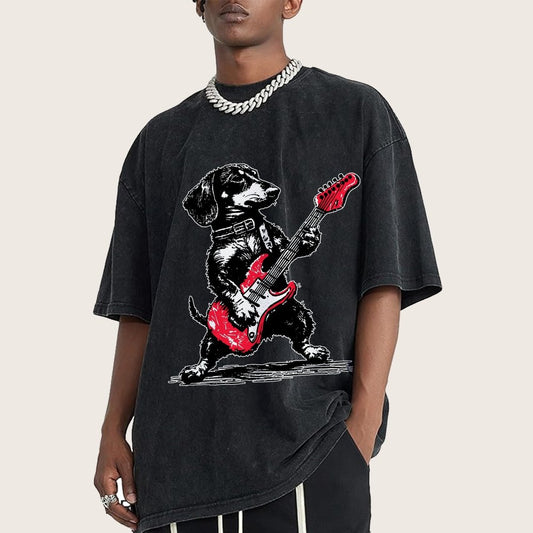 Dachshund Weenie Playing Guitar Vintage Distressed T-shirt