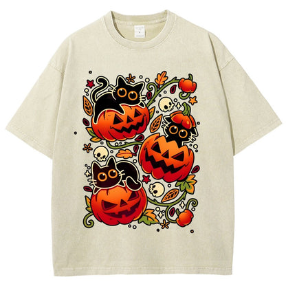 Black Cat Pumpkin Halloween Party Vintage Distressed T-shirt