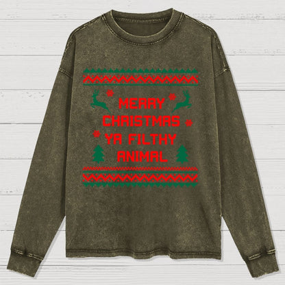 Merry Christmas Ya Filthy Animal  funny Washed Long Sleeve Tee
