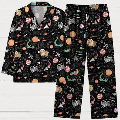 Space Cat Art Print Geek Long Sleeve Pajama Set