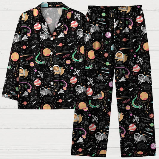 Space Cat Art Print Geek Long Sleeve Pajama Set