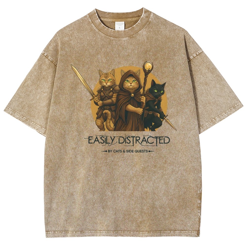 Easily Distracted By Cats And Side Quests Vintage Distressed T-shirt