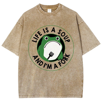 Life Is Soup and I'm a Fork Frog Vintage Distressed T-shirt